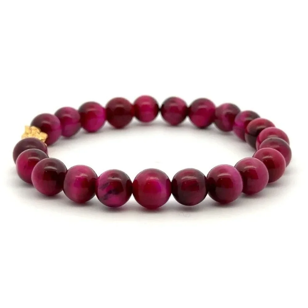 Dyed Tiger's Eye Magenta Stretchable Bracelet Size 7.5 w/ 24K Gold Dragon - Picture 2 of 8